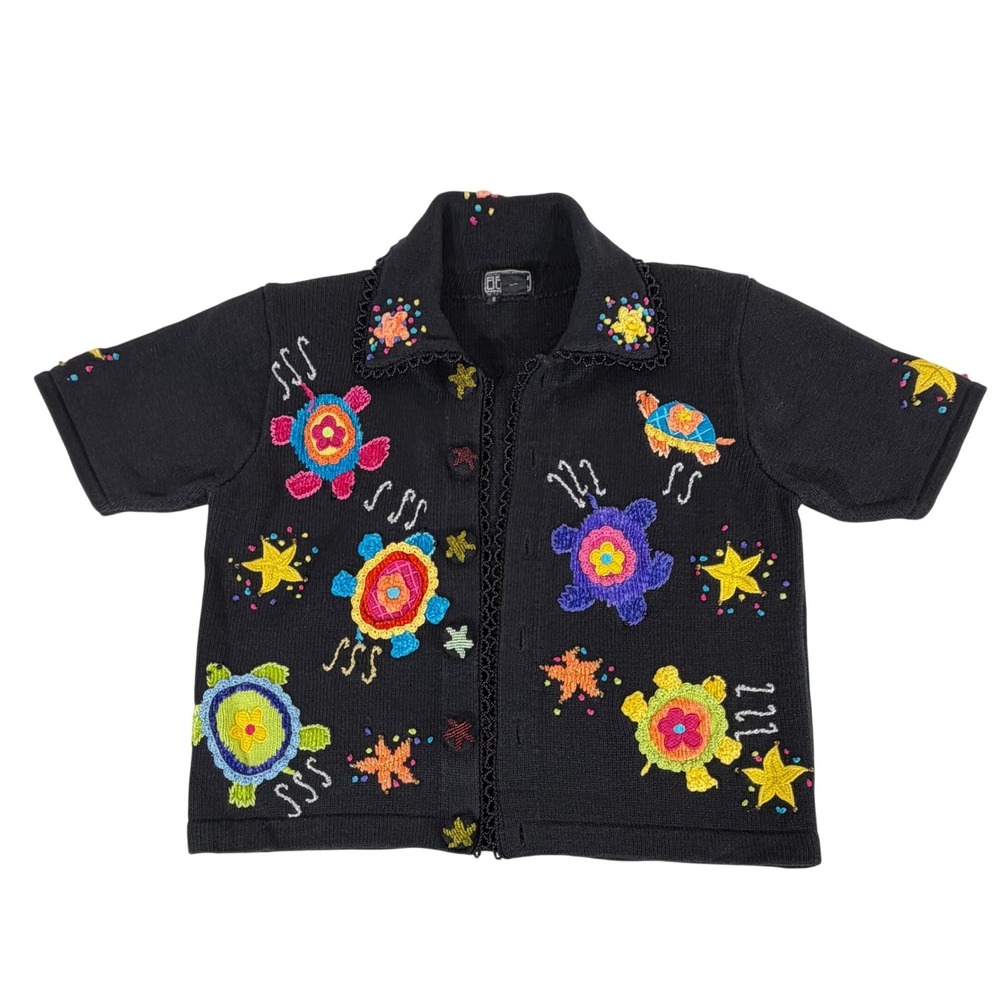 Berek Cardigan Sweater‎ Small Black Sea Turtle Starfish Crochet Beaded Novelty